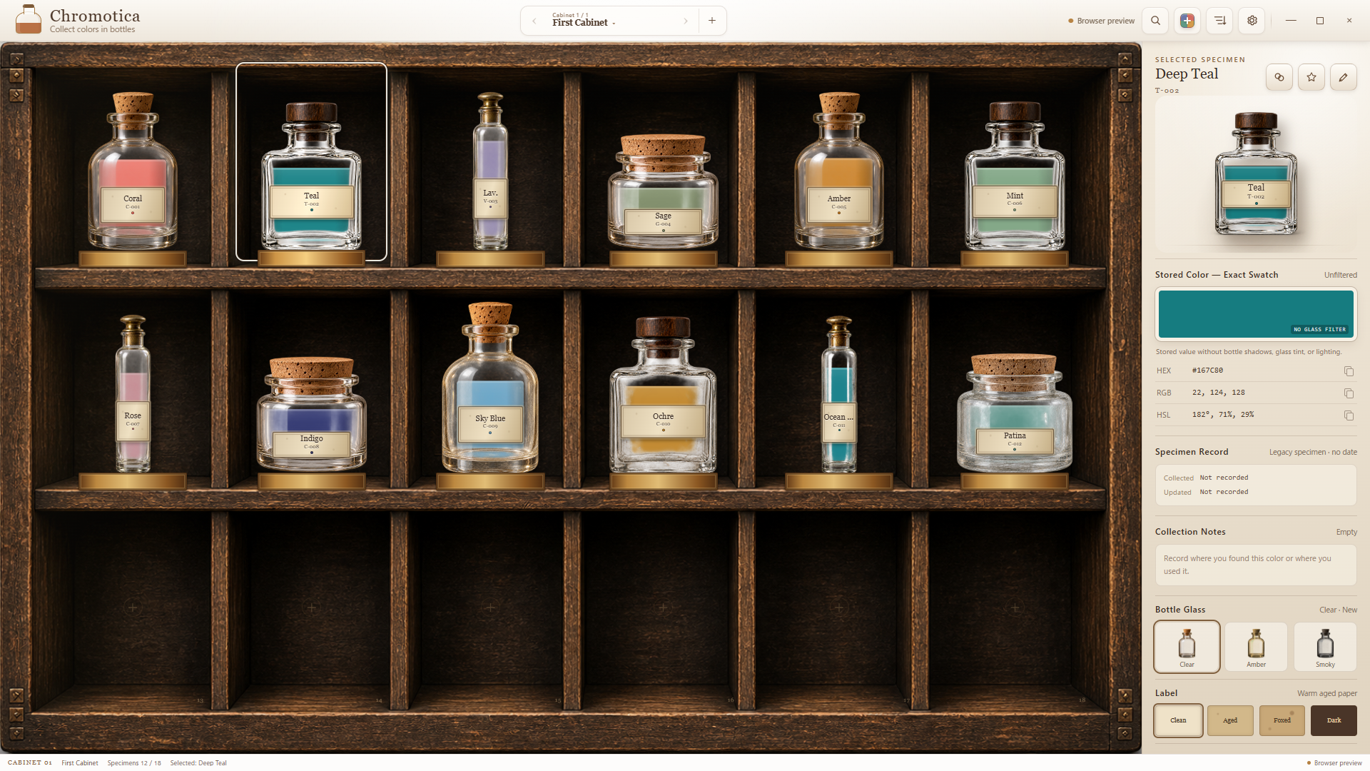 Chromotica main screen with colored bottles arranged in antique specimen cabinets