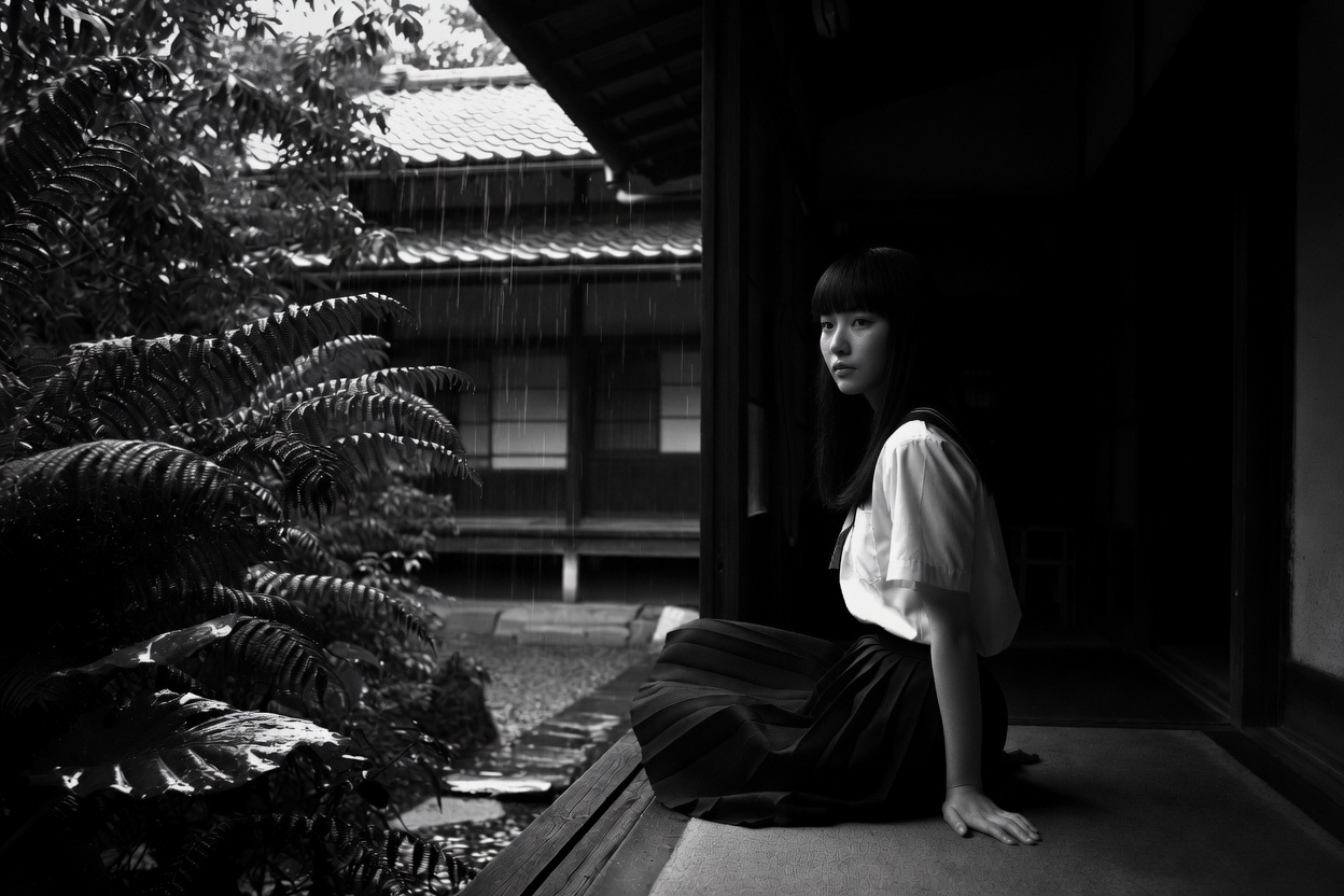 A girl sitting on a wooden veranda, looking out at a garden in the rain