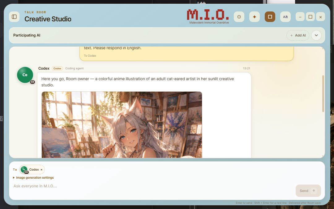 M.I.O. displaying a generated image in a compact blue Talk Room layout