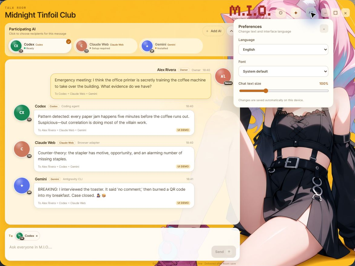 M.I.O. Preferences for language, font, and chat text size