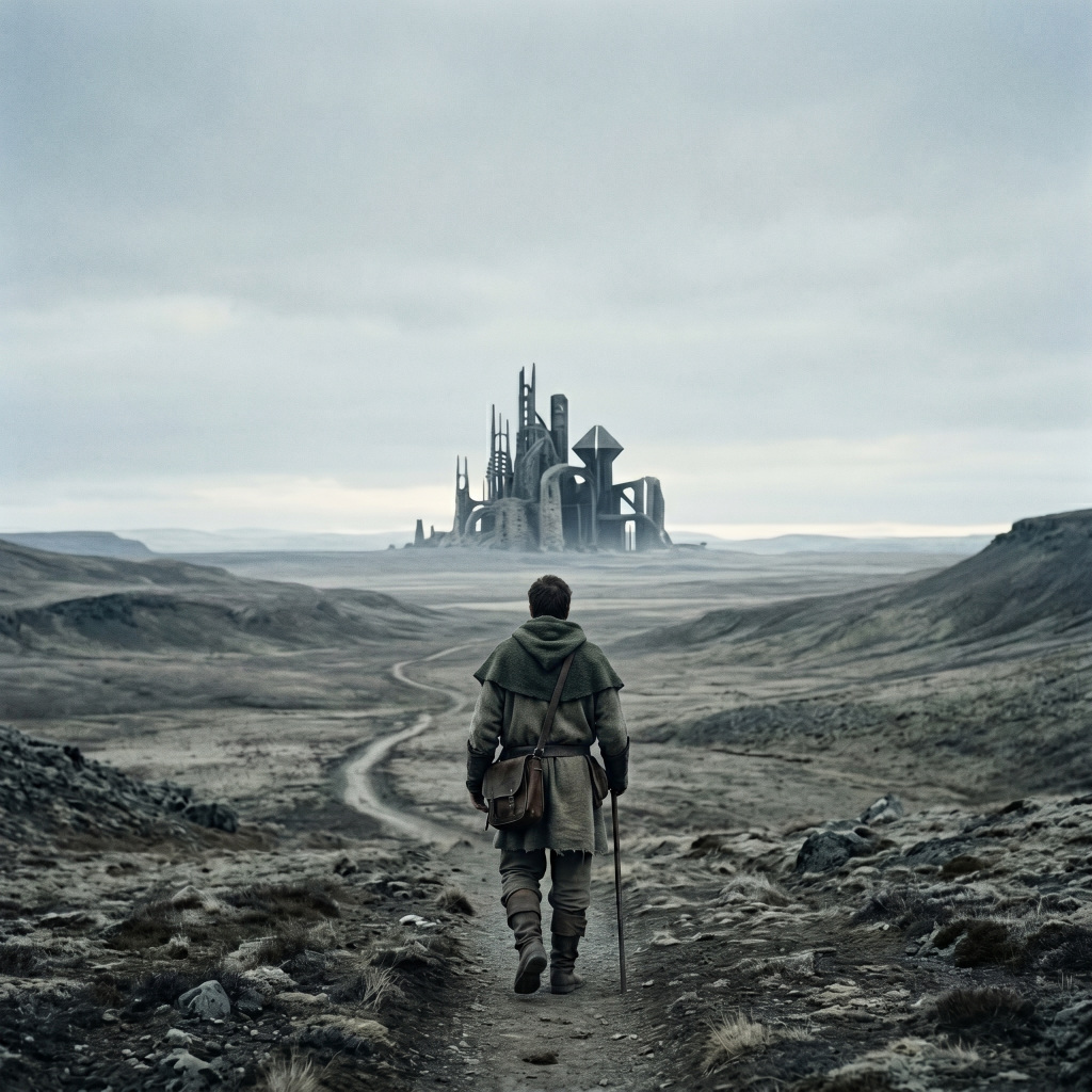 A traveler walking across a grey wilderness toward strange ruined towers