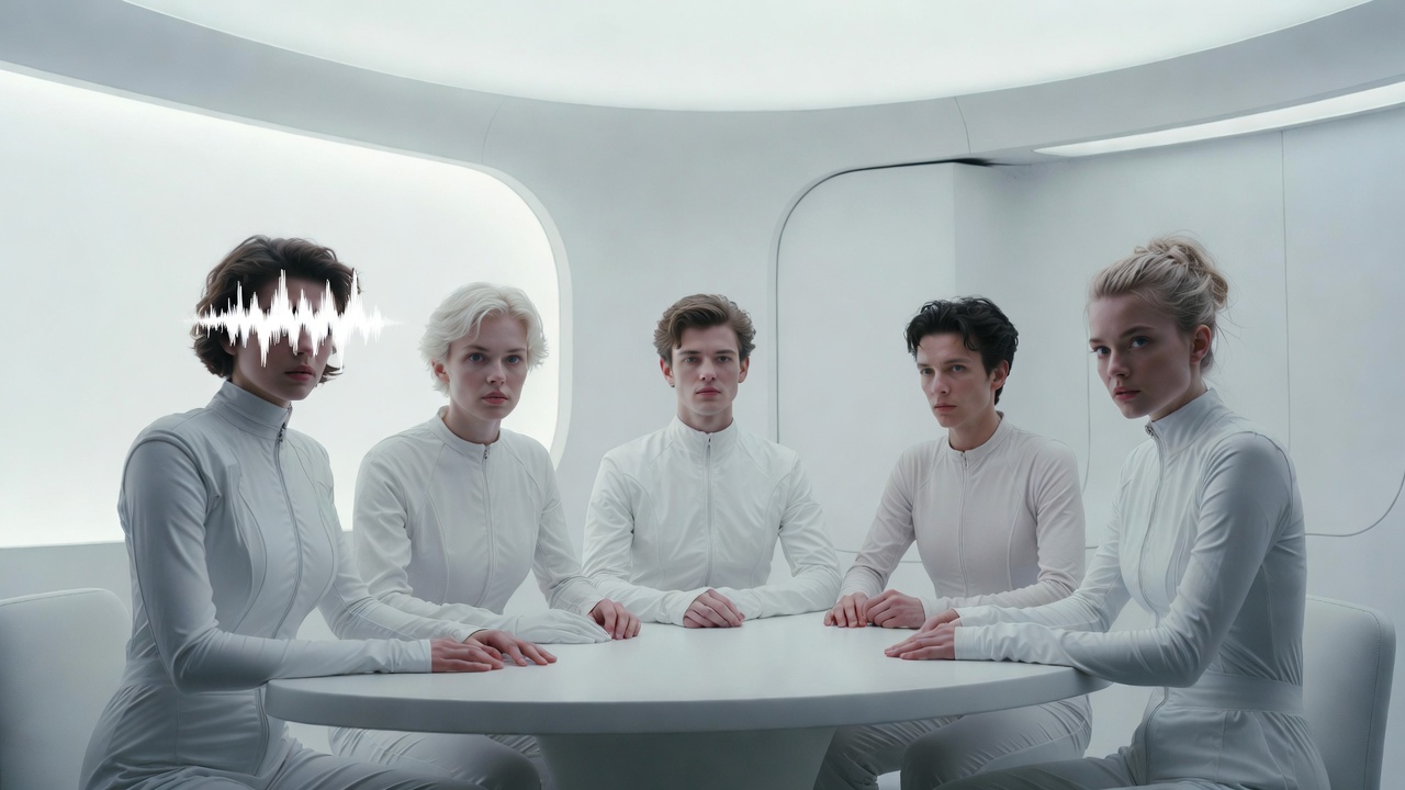 PUBLIC PRESSURE characters seated around a table in a white controlled space