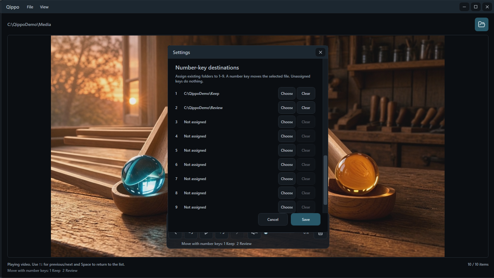 Qippo Settings for language, controls, sort order, and number-key destinations