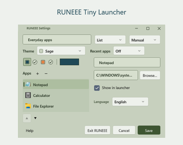 The English Settings screen in RUNEEE Tiny Launcher