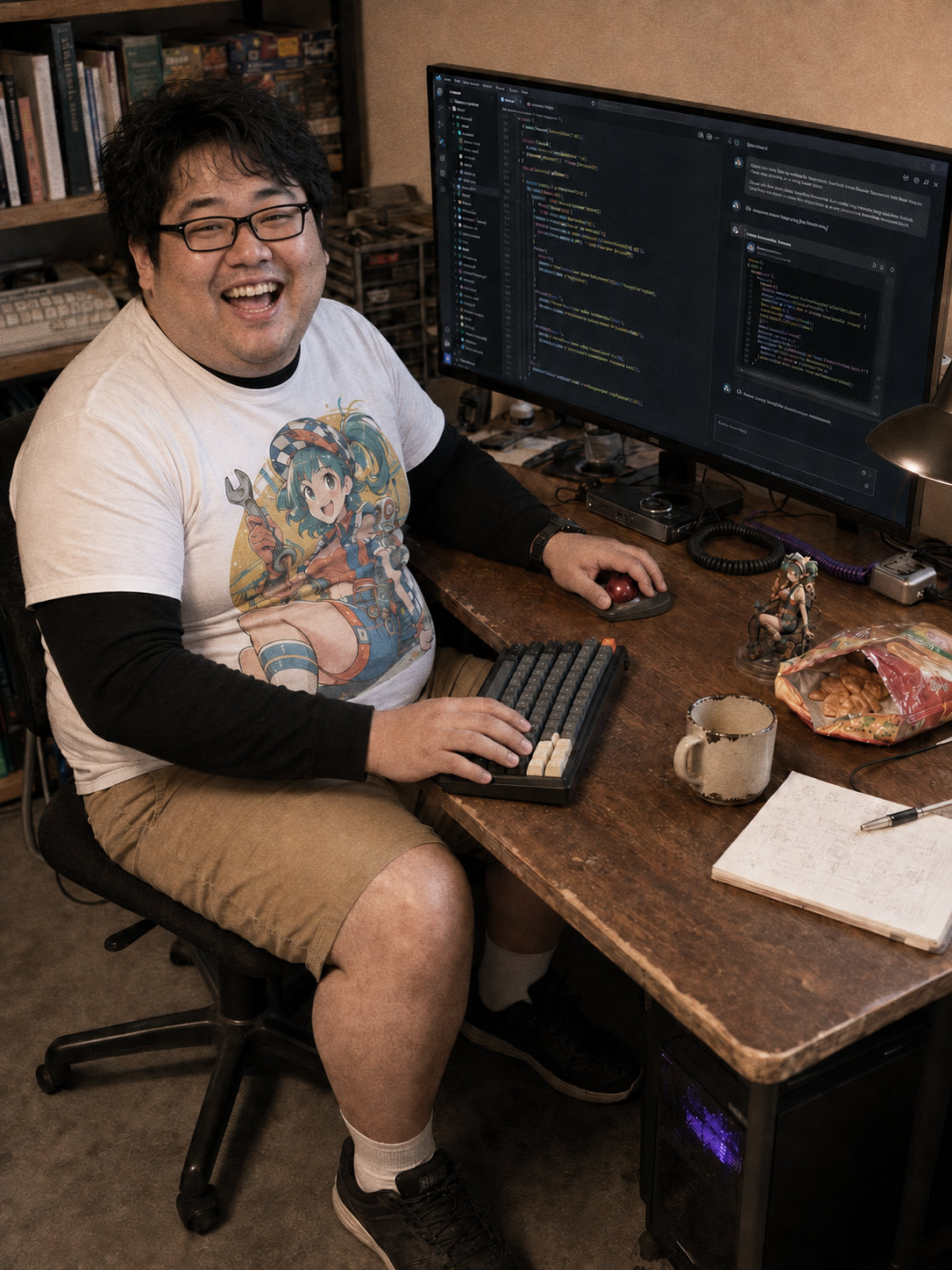 TINMOON implementation specialist F崎K児 smiling in front of code and an AI chat