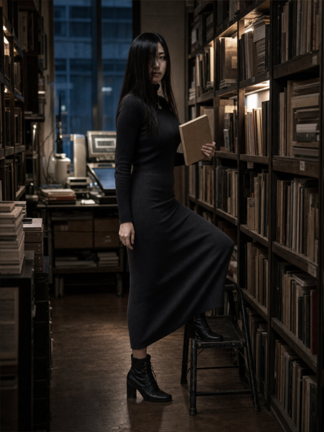 TINMOON information researcher F町R美 holding a book in a night archive