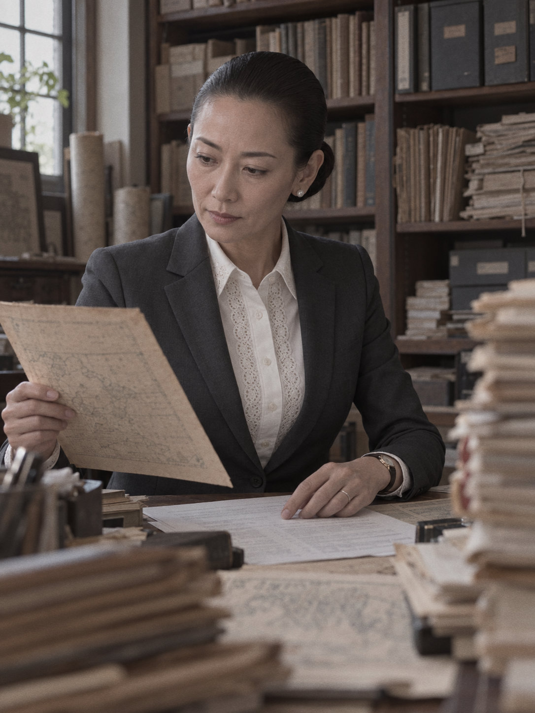 TINMOON researcher K世F子 working at a desk covered in documents