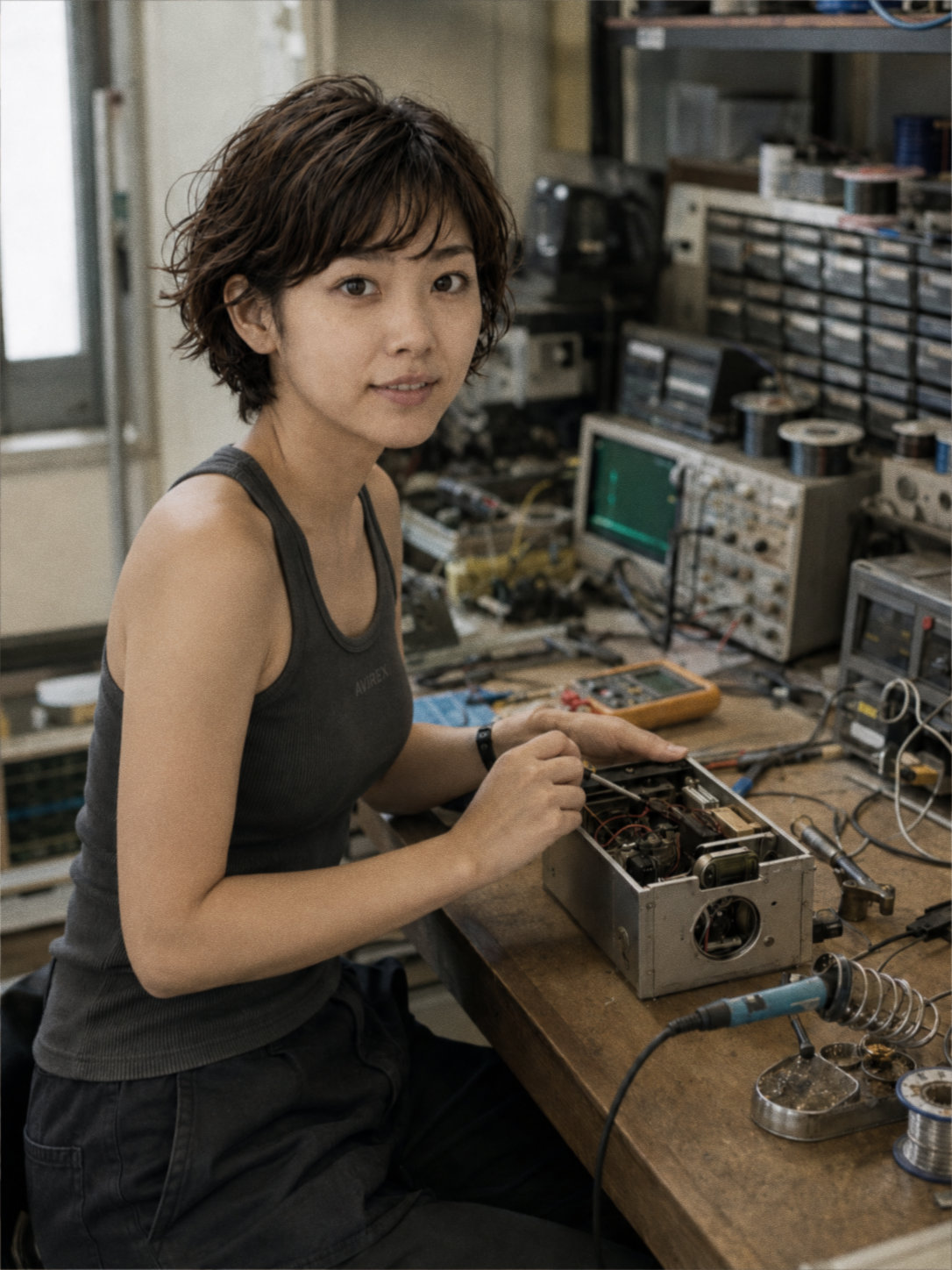 TINMOON technology staff member M-Kumo S-ui standing at a workbench
