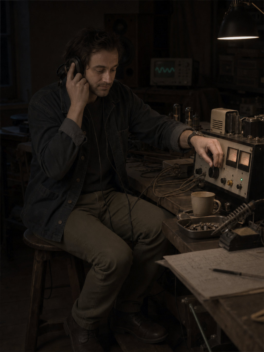 TINMOON prototyping and sound specialist N.V adjusting audio equipment at night