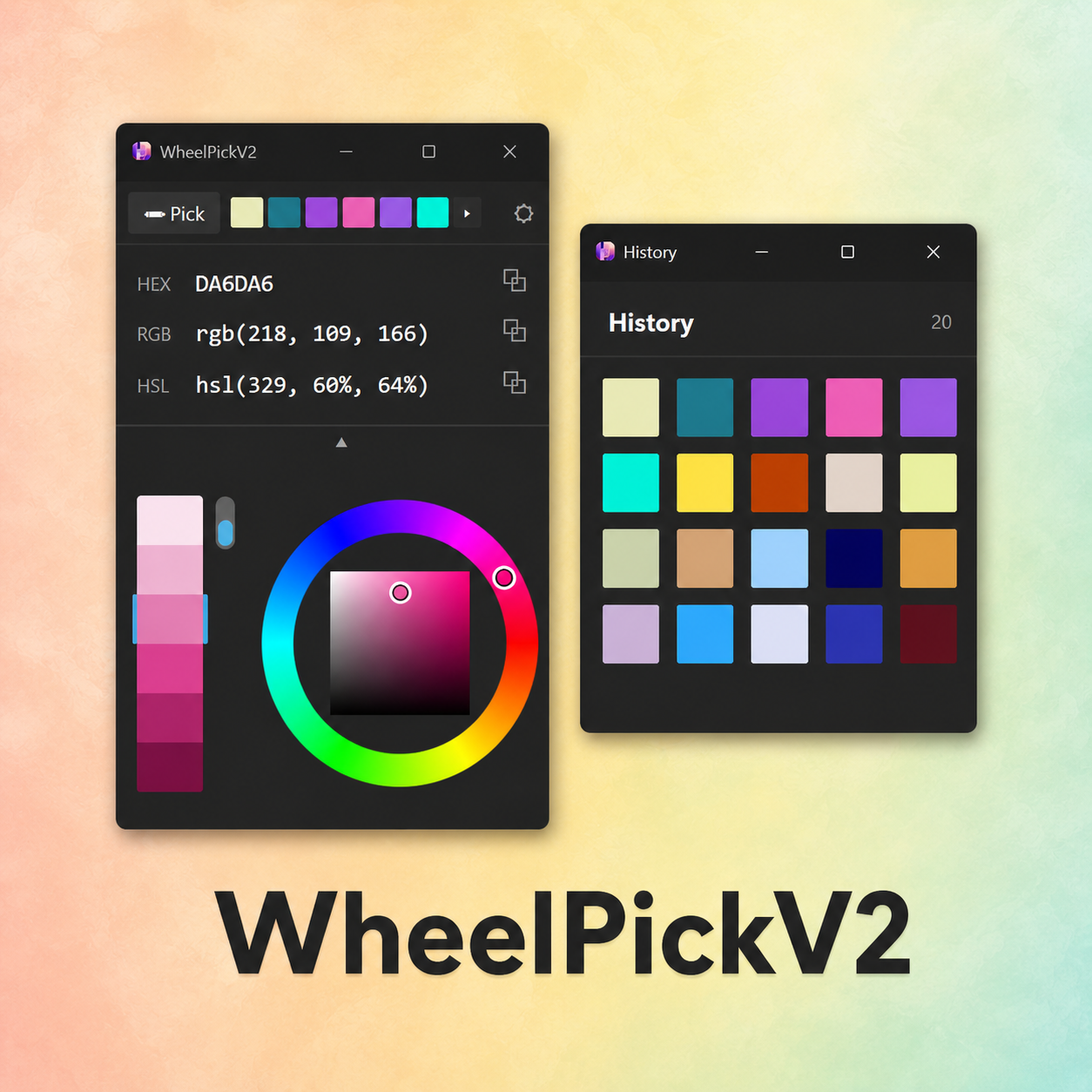 WheelPickV2 main window and color history window