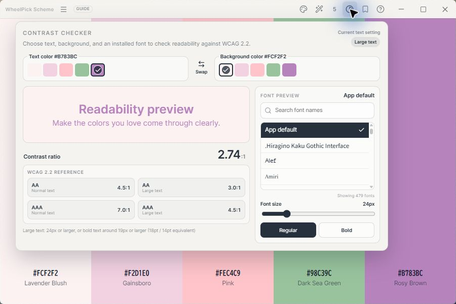 Contrast screen for checking text and background readability