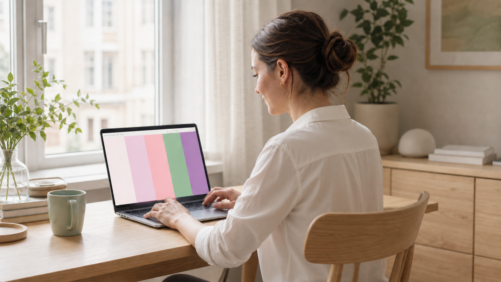 A woman using WheelPick Scheme in a Scandinavian-style room