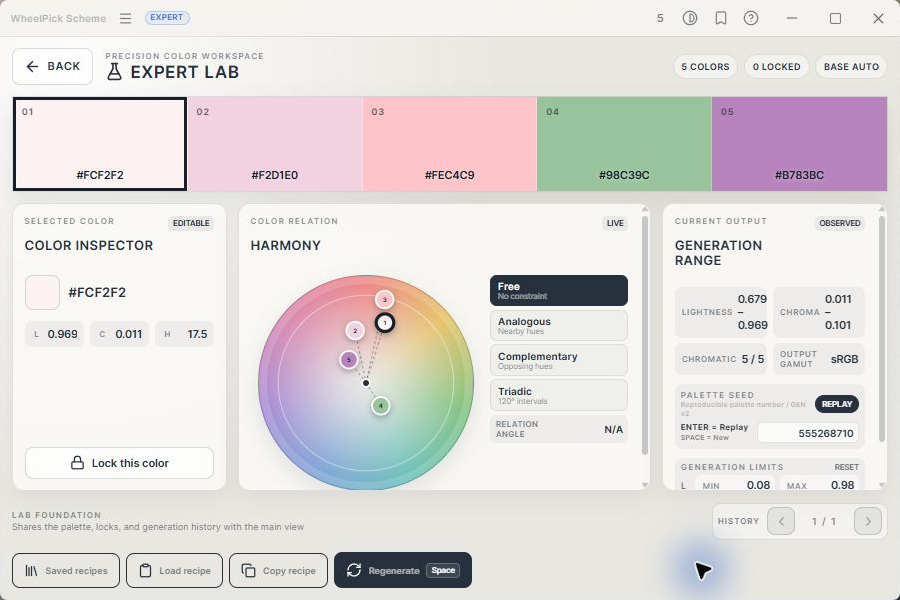EXPERT LAB screen with harmony wheel and detailed generation controls