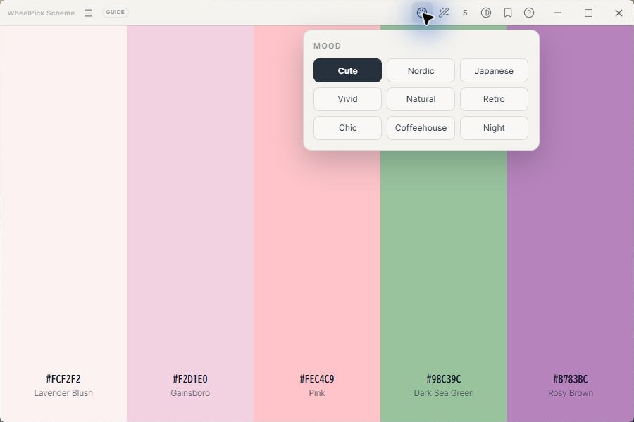 WheelPick Scheme Guide screen for choosing a palette mood