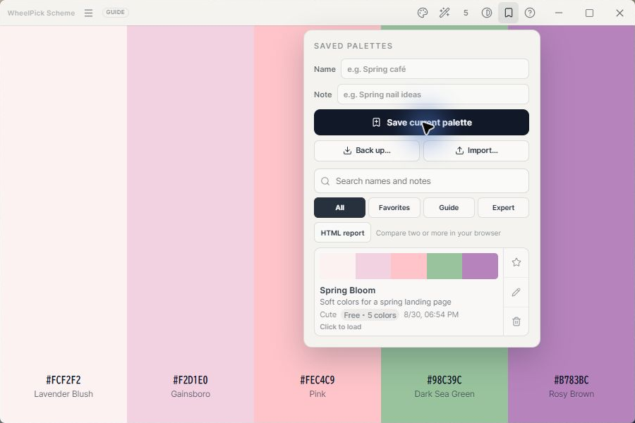 Saved palettes screen with names, notes, and favorites