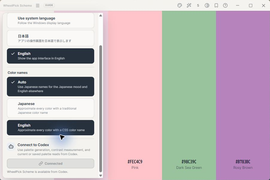 Settings screen for language, color names, and Codex connection